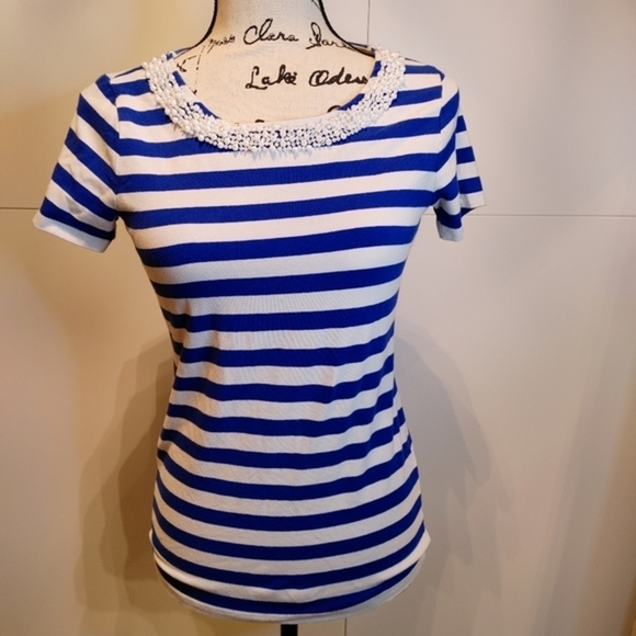 Talbots Tops - Talbots Blue White Nautical Striped Pearl Beaded Top XS